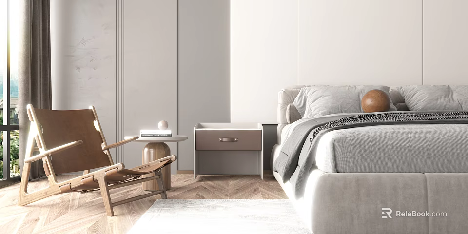 Stylish Double Bed Interior With Gray Bedding Bedside Table And Wooden Chair On Herringbone Floor 3d model 