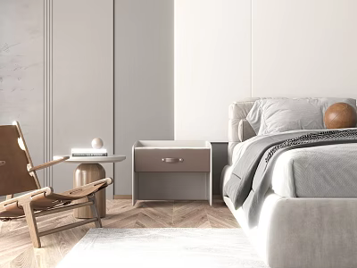 Stylish Double Bed Interior With Gray Bedding Bedside Table And Wooden Chair On Herringbone Floor 3d model