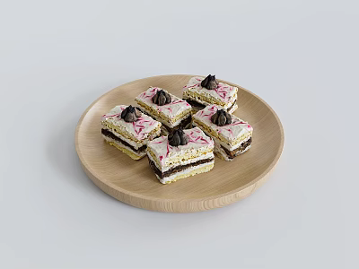 Delicious Layered Square Cakes on Wooden Plate with Cream and Chocolate Topping 3d model