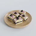 Delicious Layered Square Cakes on Wooden Plate with Cream and Chocolate Topping