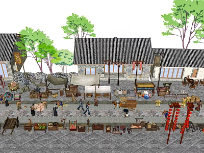 Traditional Commercial Street With Ancient Style Buildings Stalls Pedestrians And Trees 3d model