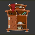 Orange Wooden Cabinet With Multiple Shelves Holding Scrolls Books Green Folders And White Helmet