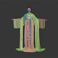 Game Movie Character In Elegant Traditional Green Yellow Flowing Robe With Long Sleeves
