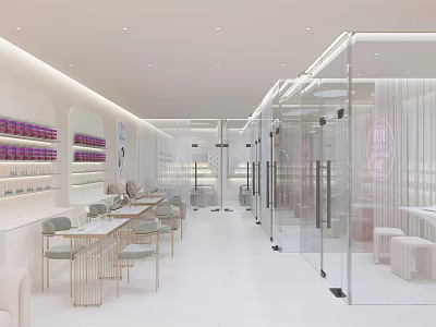 Modern Beauty and Hair Salon Interior With Styling Stations Glass Partitions and Product Shelves 3d model