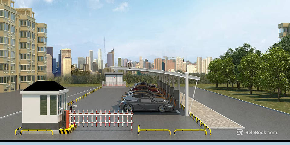 Covered Parking Lot With Multiple Spaces Security Booth City Skyline And Trees 3d model 