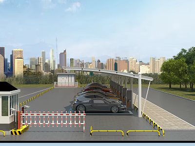 Covered Parking Lot With Multiple Spaces Security Booth City Skyline And Trees 3d model