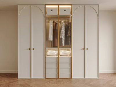 Modern White Wardrobe With Glass Doors Gold Accents And Built In Drawers Lighting 3d model