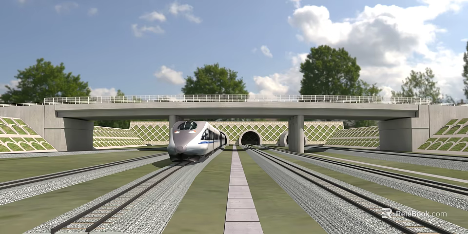 High Speed Train Emerging From Tunnel On Rail Tracks With Green Trees And Blue Sky 3d model 