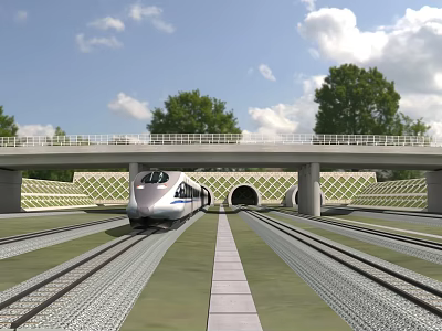 High Speed Train Emerging From Tunnel On Rail Tracks With Green Trees And Blue Sky 3d model