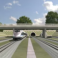 High Speed Train Emerging From Tunnel On Rail Tracks With Green Trees And Blue Sky