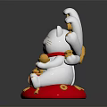 Decorative Ornament Set with White Lucky Cat Multiple Paws Gold Ingots Coins Red Base and Collar