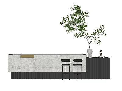 Modern Reception Desk With Gray Countertop Black Cabinet Two Bar Stools Green Plant In Vase 3d model