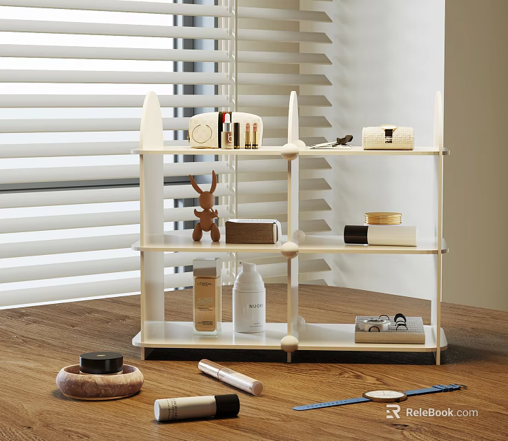 White Wooden Shelf with Skincare Products Deer Figurine and Boxes on Wooden Tabletop 3d model 