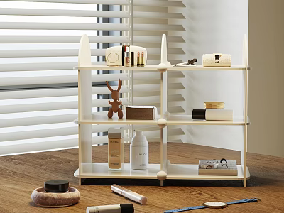 White Wooden Shelf with Skincare Products Deer Figurine and Boxes on Wooden Tabletop 3d model