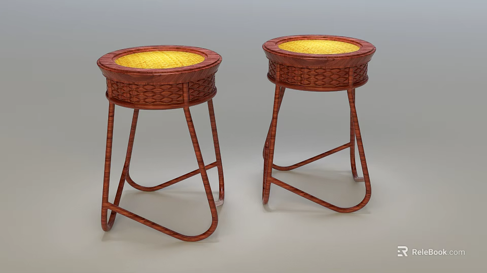 Two Wicker Stools With Round Yellow Seat And Brown Curved Leg Frame 3d model 