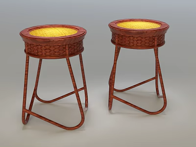 Two Wicker Stools With Round Yellow Seat And Brown Curved Leg Frame 3d model