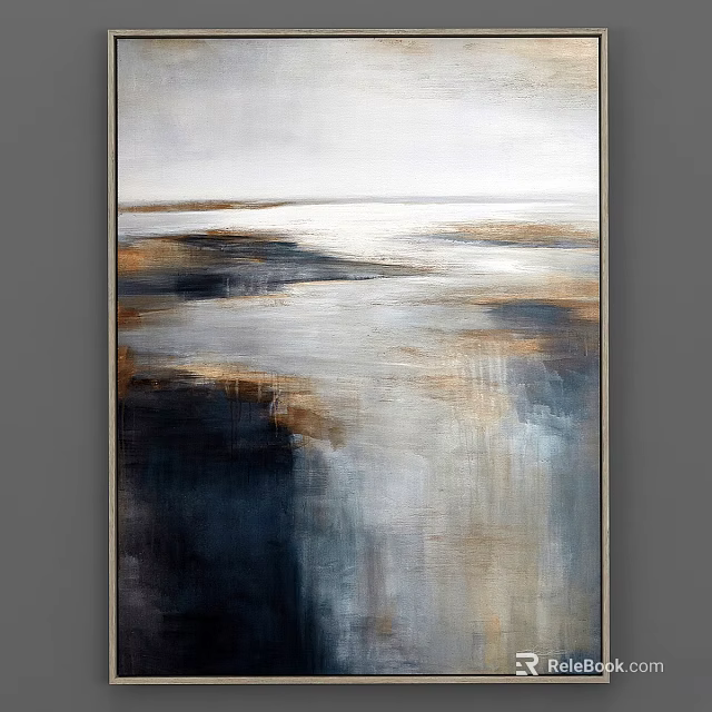 Modern Frame With Abstract Painting In Gray White Navy Blue And Gold Tones 3d model 