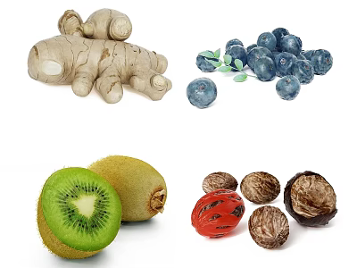 Fresh Ripe Blueberries and Juicy Sliced Kiwi Fruits on White Background 3d model