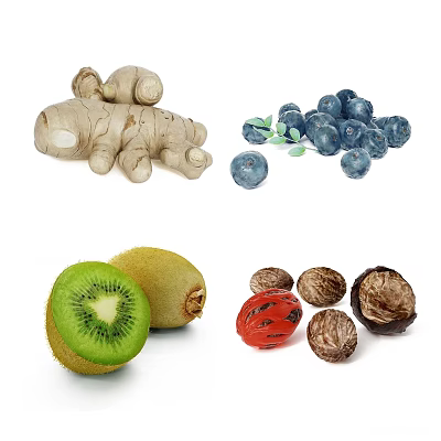 Fresh Ripe Blueberries and Juicy Sliced Kiwi Fruits on White Background 3d model