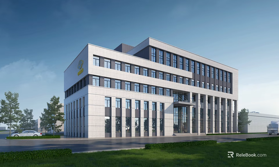 Modern Industrial Factory Building Exterior With Multi Storey Design Large Windows And Lawn Area 3d model 