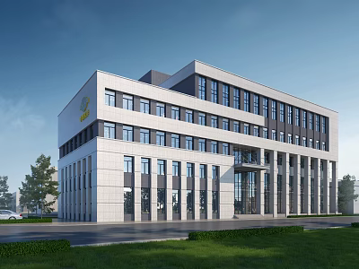 Modern Industrial Factory Building Exterior With Multi Storey Design Large Windows And Lawn Area 3d model
