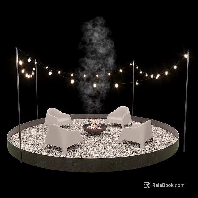 Outdoor Sofa Arrangement In Circular Gravel Area With Fire Pit And String Lights 3d model 