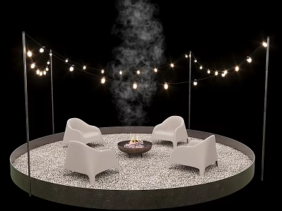 Outdoor Sofa Arrangement In Circular Gravel Area With Fire Pit And String Lights 3d model