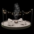Outdoor Sofa Arrangement In Circular Gravel Area With Fire Pit And String Lights