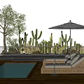 Poolside Outdoor Wicker Lounge Chairs With Striped Umbrella Cactus Plants And Marble Side Table