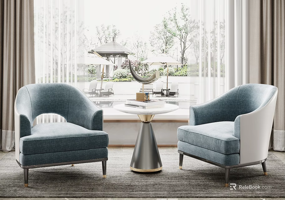 Modern Blue Leisure Sofa Set With Round Coffee Table And Large Window Greenery View 3d model