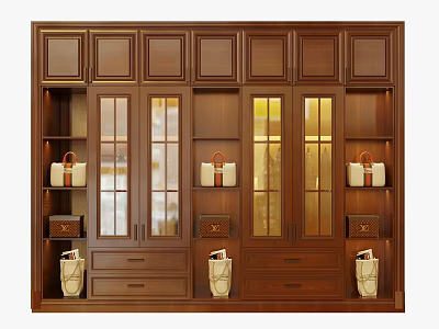 Dark Wood Wardrobe With Glass Doors Drawers Open Shelves And Storage Baskets 3d model