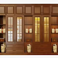 Dark Wood Wardrobe With Glass Doors Drawers Open Shelves And Storage Baskets