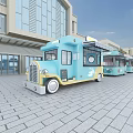 Modern Commercial Street with row of food trucks modern buildings brick pavement and blue sky