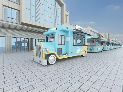 Modern Commercial Street with row of food trucks modern buildings brick pavement and blue sky 3d model