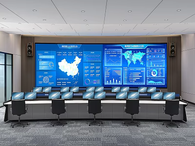 Modern Control Room With Large Screens Multiple Computer Monitors And Data Maps 3d model