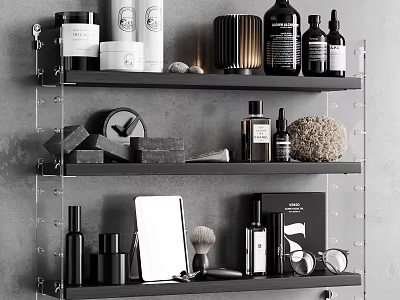 Bathroom Accessories Display On Modern Shelves With Skincare Bottles Soap Brush And Mirror 3d model