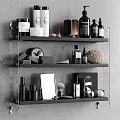 Bathroom Accessories Display On Modern Shelves With Skincare Bottles Soap Brush And Mirror