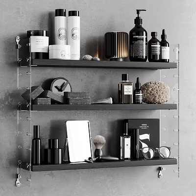 Bathroom Accessories Display On Modern Shelves With Skincare Bottles Soap Brush And Mirror 3d model