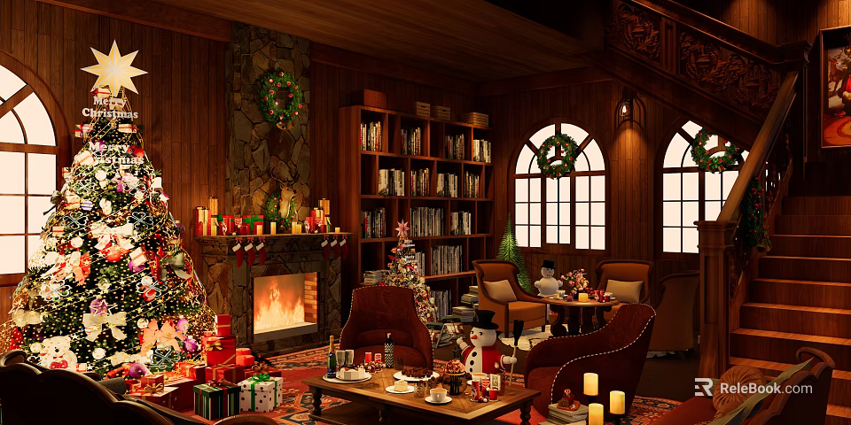 Warm Christmas Living Room With Fireplace Tree Gifts Bookshelves And Arched Windows 3d model 