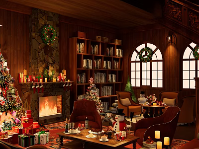 Warm Christmas Living Room With Fireplace Tree Gifts Bookshelves And Arched Windows 3d model