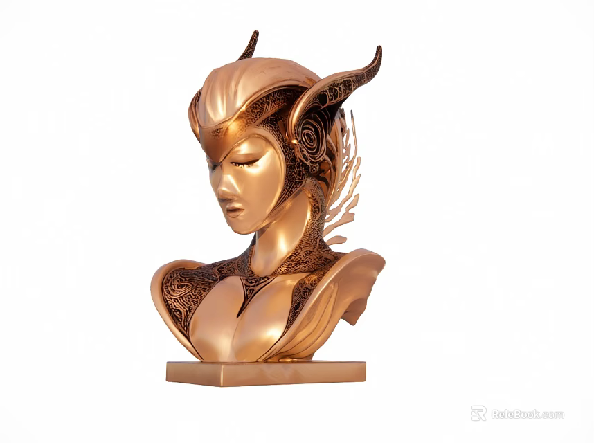 Golden Female Bust Sculpture With Ornate Head Design And Wing Elements On Square Base 3d model