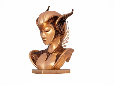 Golden Female Bust Sculpture With Ornate Head Design And Wing Elements On Square Base 3d model