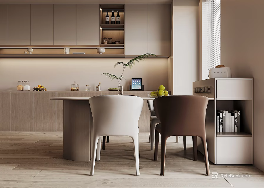 Modern Wooden Dining Table Set With White And Brown Chairs In Kitchen Interior 3d model 