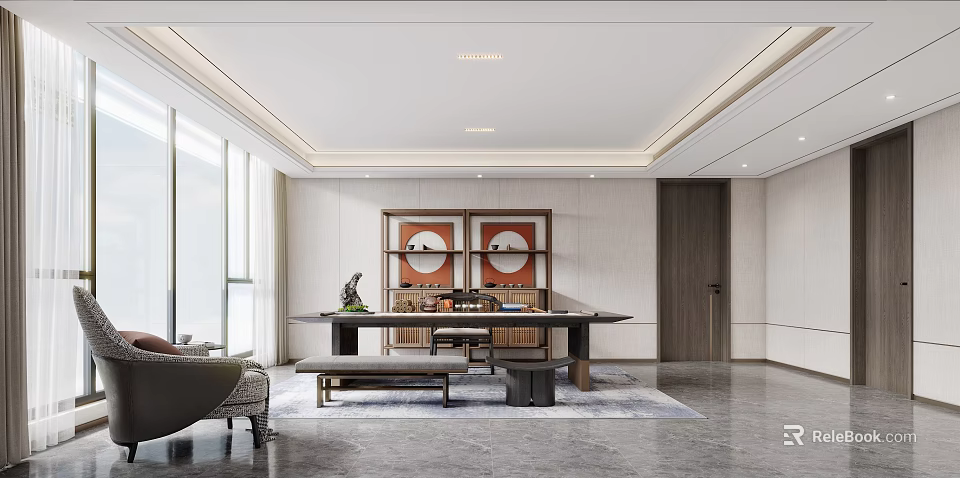 Modern Study Room Interior With Large Desk And Circular Decorations 3d model