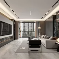 Modern Living and Dining Room Interior With Open Layout Wooden Cabinets and Decorative Painting