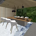 Hotel Public Lounge Area With Long Wooden Table White Chairs And Green Plant Wall