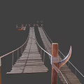 Wooden Plank Suspension Bridge With Ropes And Horn Shaped Decorative Pillars
