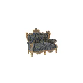 Luxurious Two Seater Sofa With Golden Carved Frame And Blue Gold Patterned Fabric