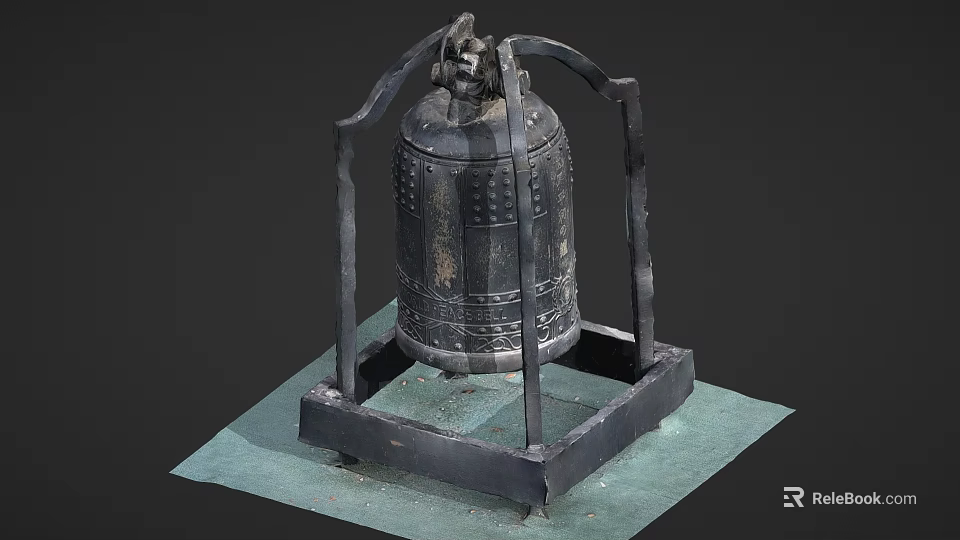 Ancient Bronze Musical Bell Stand with Intricate Patterns and Art Supplies on Green Mat 3d model 