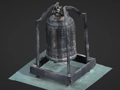 Ancient Bronze Musical Bell Stand with Intricate Patterns and Art Supplies on Green Mat 3d model